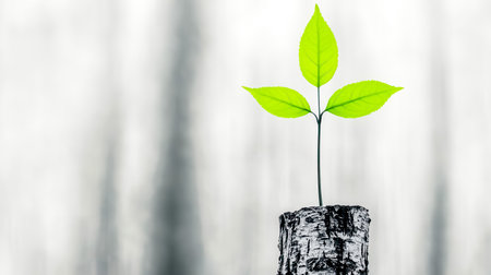 New green leaves sprouting from a dead tree trunkの素材