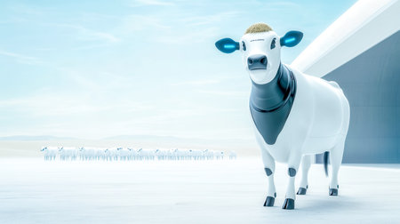 Robotic cow and sheep representing modern farming and agriculture technologyの素材