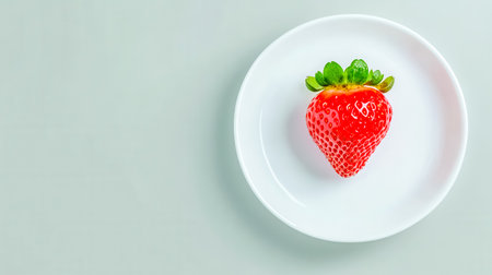 Ripe red strawberry sitting on small white plate on tableの素材