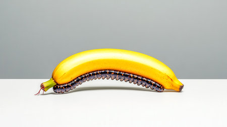 Millipede crawling on ripe banana on white surfaceの素材