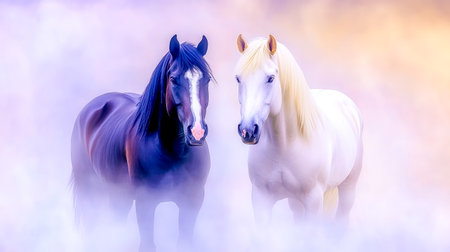 Two horses standing in foggy field at sunsetの素材