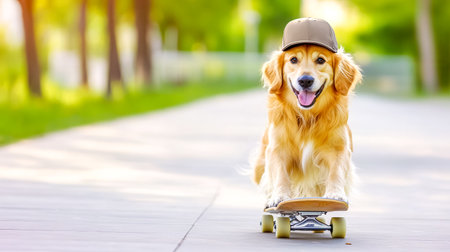Golden retriever dog wearing backwards cap riding skateboard in parkの素材