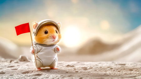 Hamster astronaut planting flag on new planet during sunsetの素材