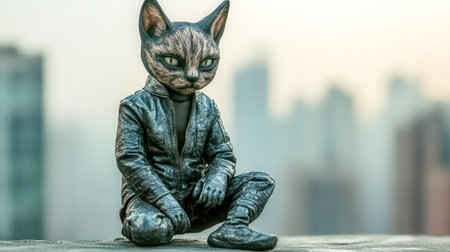 Anthropomorphic cat figurine wearing leather jumpsuit in urban settingの素材