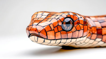 Wooden mosaic snake slithering with intricate tile patternの素材