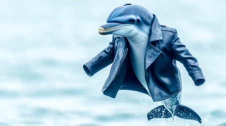 Dolphin wearing leather jacket jumping out of waterの素材