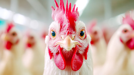 Chickens staring in overcrowded industrial farmの素材