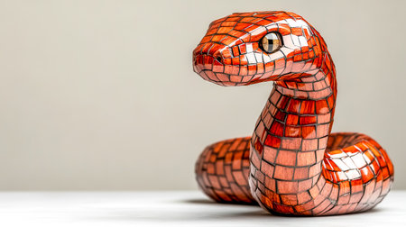 Wooden mosaic snake sculpture resting on white surfaceの素材