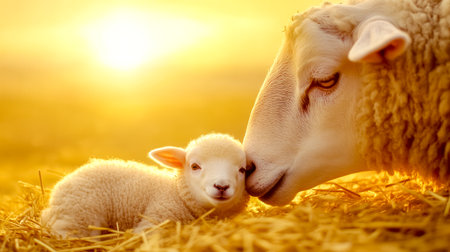 Newborn lamb and mother sheep resting in golden straw at sunsetの素材