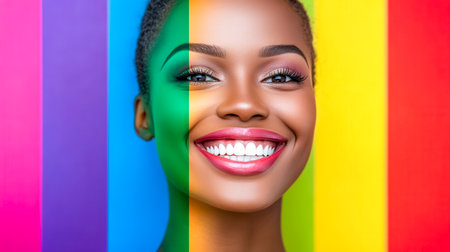 Model smiling with rainbow colored face paintの素材