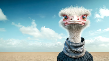 Ostrich wearing scarf in desert landscape under cloudy skyの素材