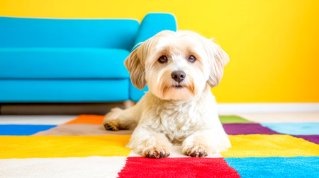 Cute dog lying on colorful rug in modern living roomの素材