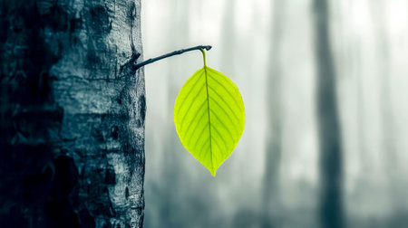 Bright green leaf hanging from a tree in a misty forestの素材