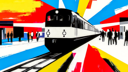 Train pulling into station with colorful geometric background and waiting commutersの素材