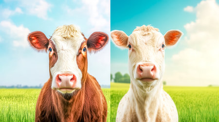 Guernsey and hereford cow breeds posing in green field under blue skyの素材