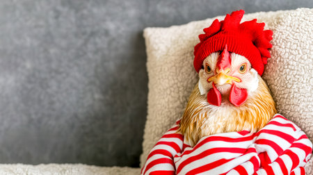 Sleepy hen wearing pajamas and a nightcap relaxing on sofaの素材