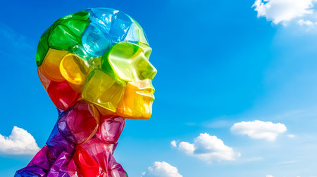 Colorful plastic waste sculpture under blue sky representing environmental awarenessの素材