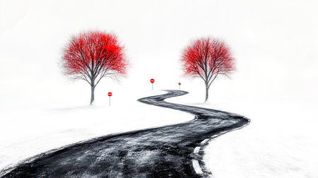 Winding road covered by snow with red trees and no entry signs in winterの素材