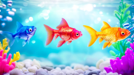 Colorful goldfish swimming in crystal clear aquariumの素材