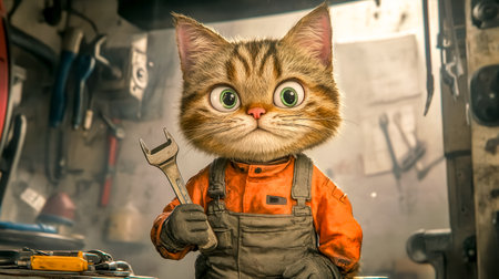Cat mechanic holding wrench in garage, fixing cars with feline expertiseの素材
