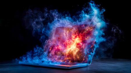 Laptop burning with colorful smoke and sparks on black backgroundの素材