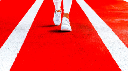 Athlete walking on red running track with white shoesの素材