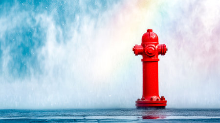 Red fire hydrant spraying water with rainbow in backgroundの素材
