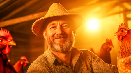 Smiling farmer collecting eggs in warmly lit chicken coopの素材