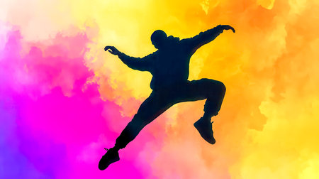 Silhouette of a dancer performing a jump against a colorful backgroundの素材