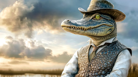 Alligator wearing cowboy outfit posing in swamp at sunsetの素材
