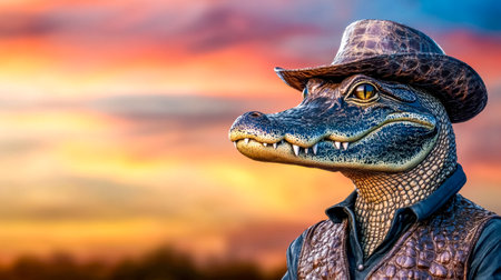 Alligator cowboy wearing leather vest and hat at sunsetの素材