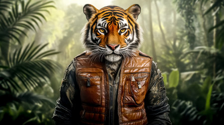 Tiger wearing leather vest in jungle setting, photorealistic ai imageの素材