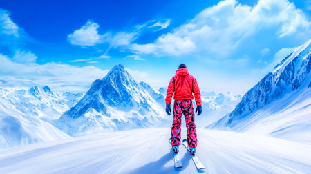 Skier admiring majestic snowy mountain peaks in winter wonderlandの素材