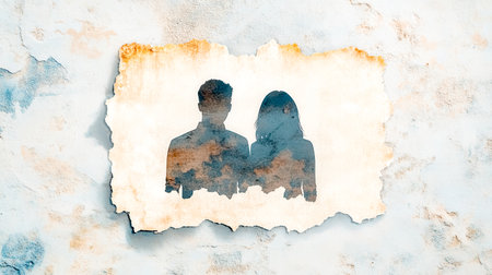 Torn photograph showing silhouettes of couple on textured background symbolizing lost memoriesの素材
