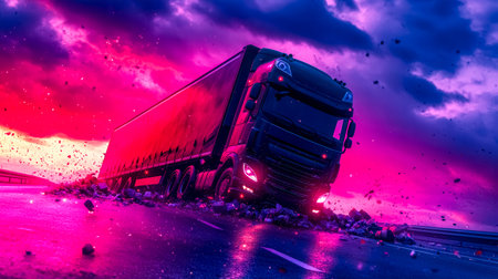 Truck crashing and spilling cargo on highway at sunset with dramatic skyの素材