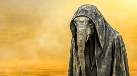 Elephant wearing a dark hood and cloak in a desert landscapeの素材