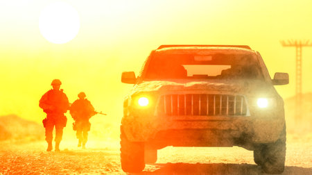 Soldiers approaching pickup truck at desert checkpoint during sunsetの素材