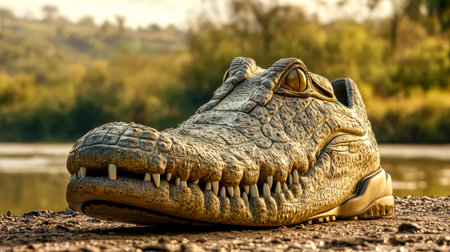 Crocodile shoe resting near a riverbank at sunset, fashion and wildlife fusionの素材