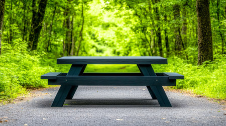 Empty picnic table sitting on paved path in lush green forestの素材