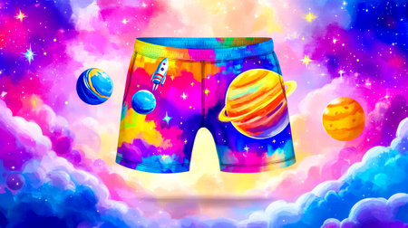 Colorful boxer shorts with a cosmic design featuring planets and rocketの素材