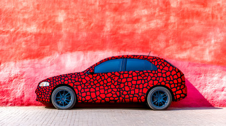 Camouflaged car parked next to vibrant red wallの素材