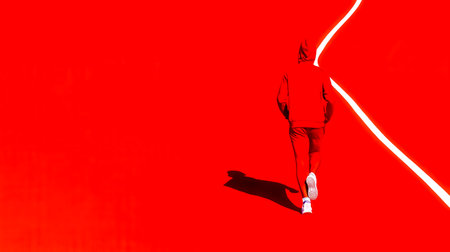 Athlete running on red track with white line, minimalist sport photoの素材