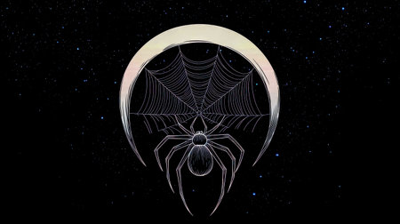 Spider spinning web with crescent moon and stars backgroundの素材