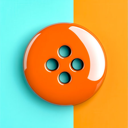 Large orange button resting on vibrant split color backgroundの素材
