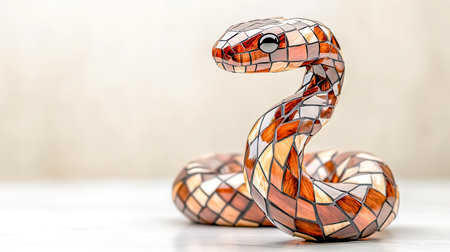Wooden mosaic snake sculpture exhibiting craftsmanship and artistryの素材
