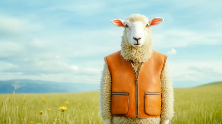 Sheep wearing orange leather vest in green field under blue skyの素材