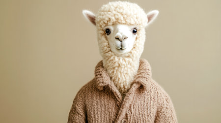 Stylish alpaca wearing contemporary knitted coat and scarfの素材