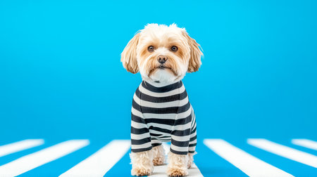 Adorable dog wearing striped outfit on blue backgroundの素材