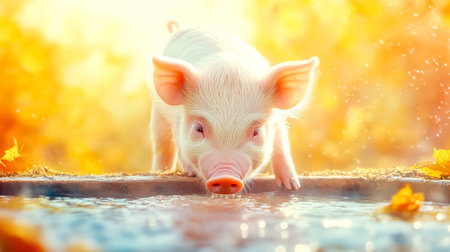 Piglet drinking water in autumn sunlightの素材