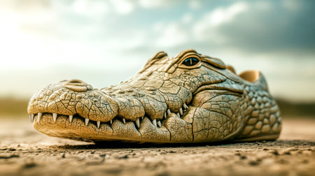 Crocodile shoe lounging on riverbank, fashion meets natureの素材